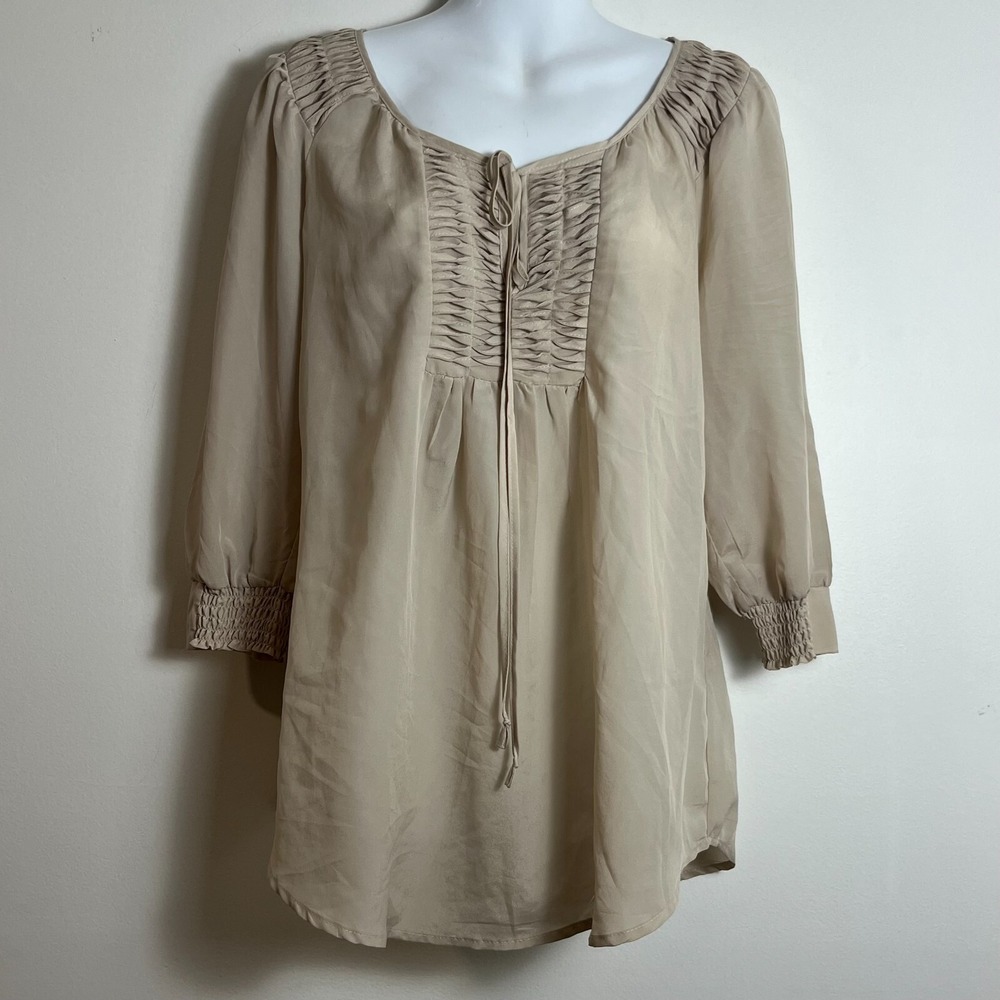 Daniel Rainn Pintuck Pleated Tie Neck Blouse Sz M Beige Smocked Cuff Peasant Top